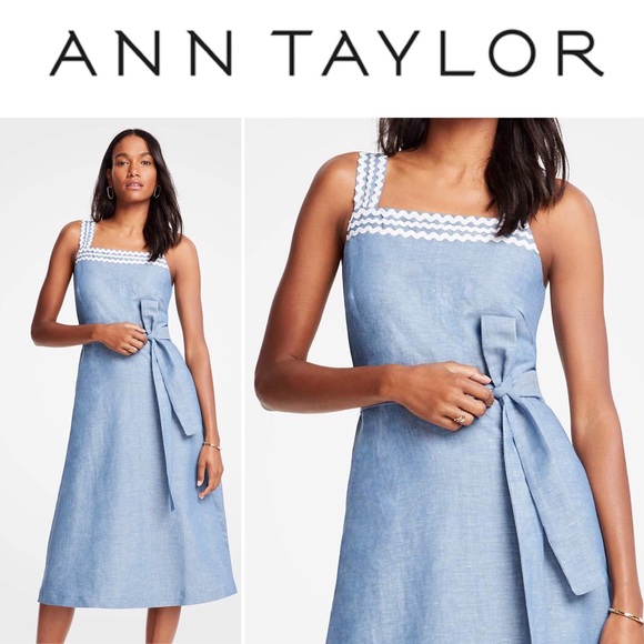 🆕👗 Wavy Trim Chambray Midi Dress ANN TAYLOR - Picture 7 of 12